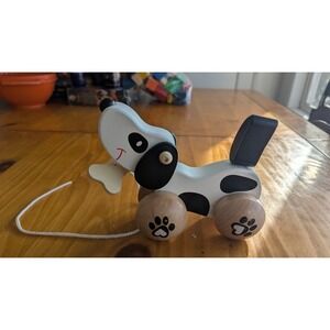 Classic World Wooden Pull Toy Dog Spotted Puppy with Bone Handle and Bell